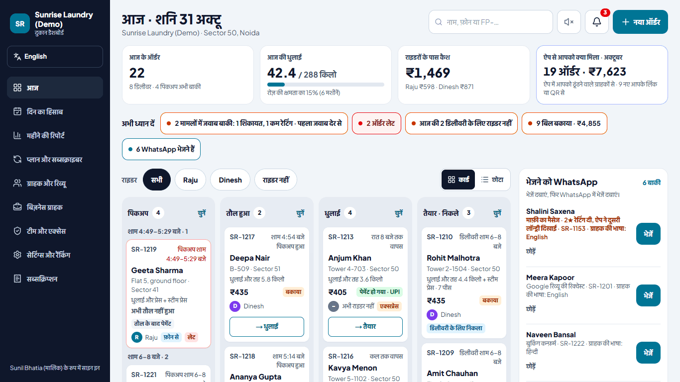 डेमो में आपकी दुकान का डैशबोर्ड: हर ऑर्डर उसकी स्टेज पर