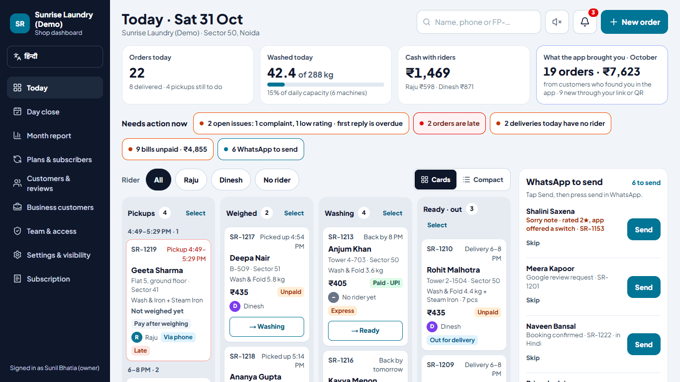 Your shop’s dashboard in the demo: every order by stage